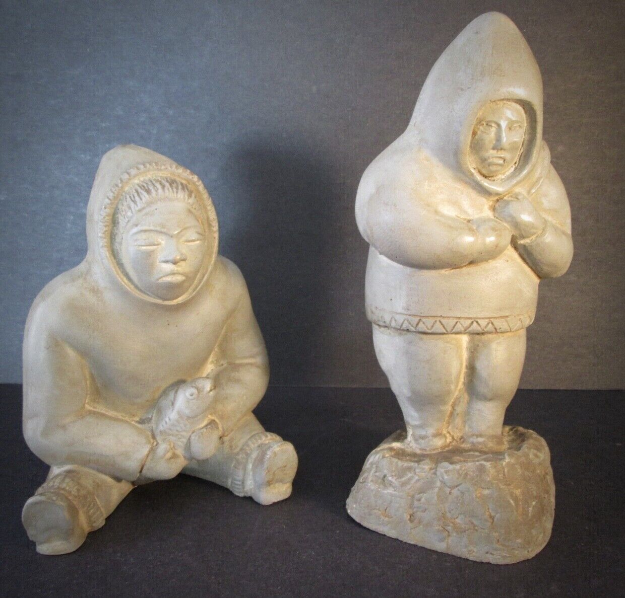 Rare Pair ESKIMO COUPLE by Woody Mfg. Inc., Canada With Hunted Salmon and Seal