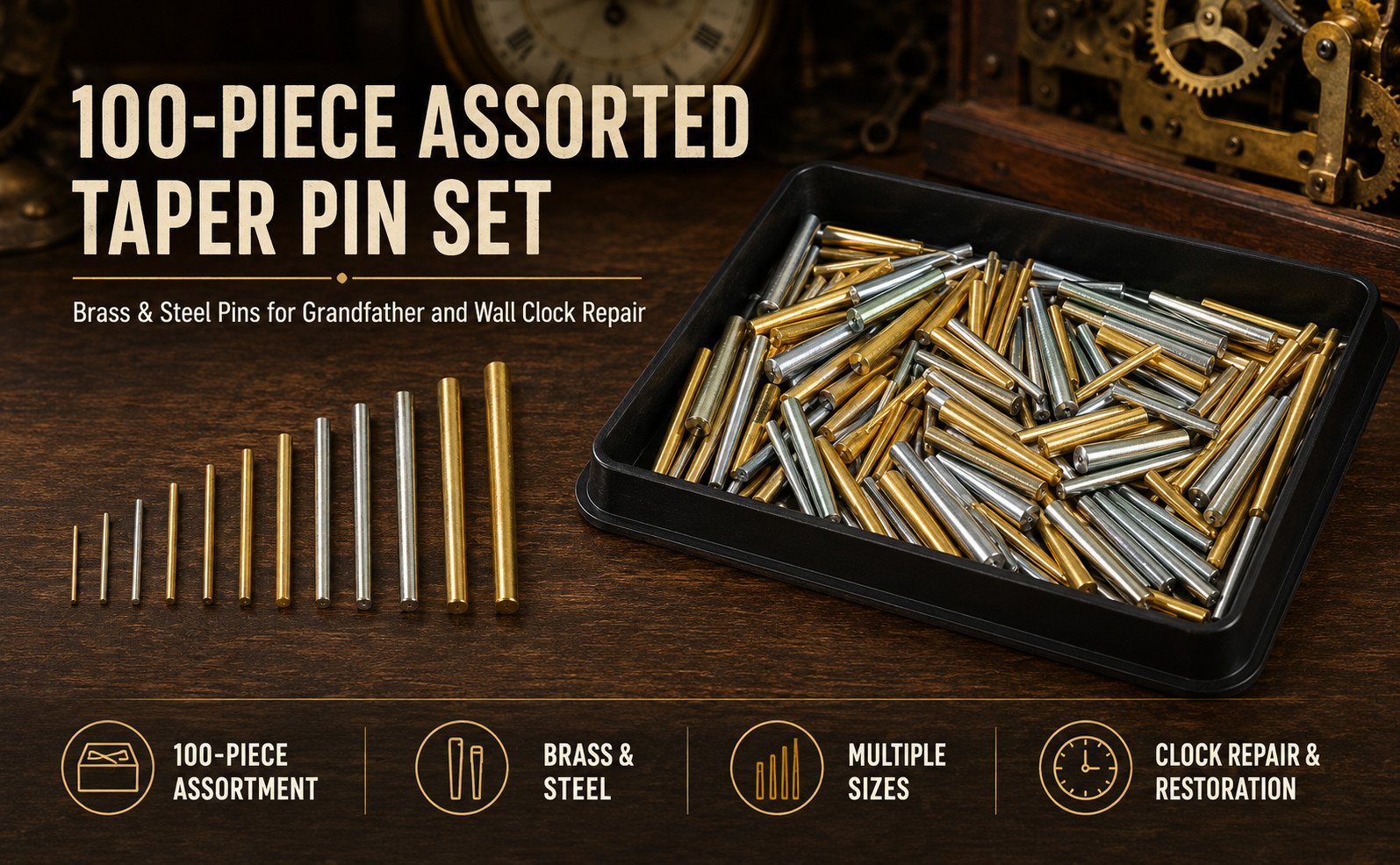 Brass and Steel Clock Tapered Pins Package of 100 Pcs  Assorted Sizes