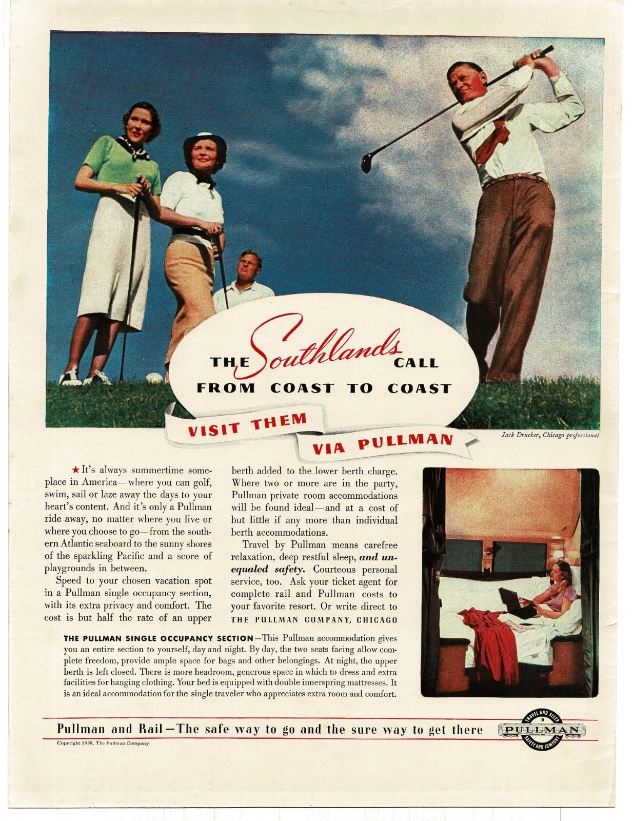 1938 Pullman Sleeper Car Passenger Train golfer with driver Vintage Print Ad