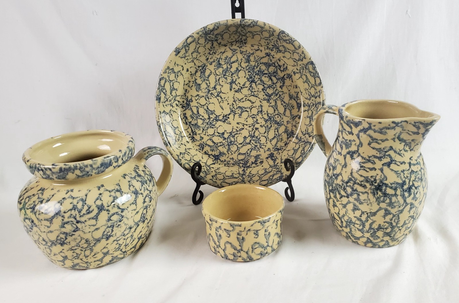 Vintage RRP Co. Robinson Ransbottom Blue Spongeware & Stripe Pottery Set of 4