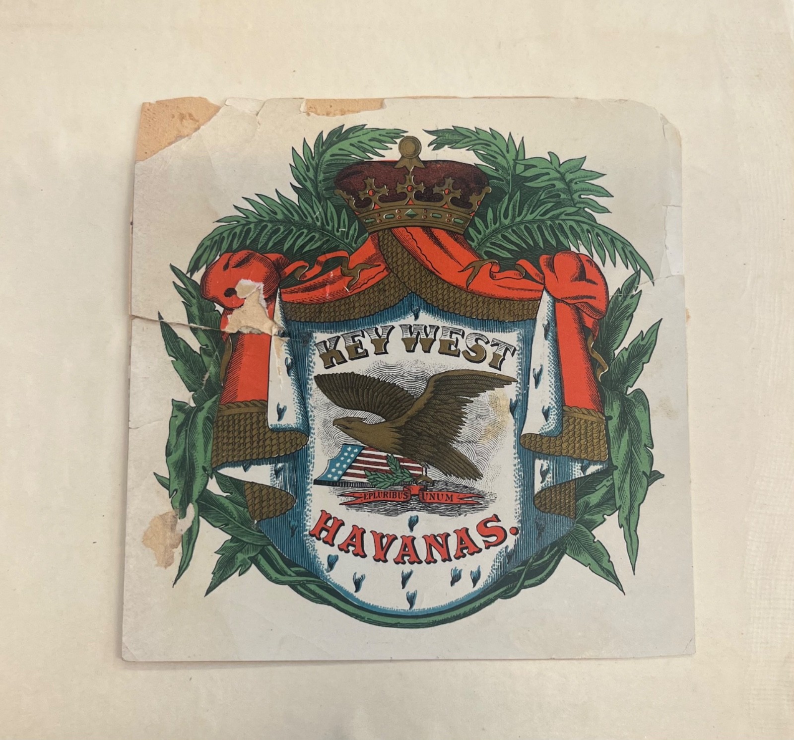 Key West Havanas Cigar Label 1890s with 10 cent US cigarettes stamp on back