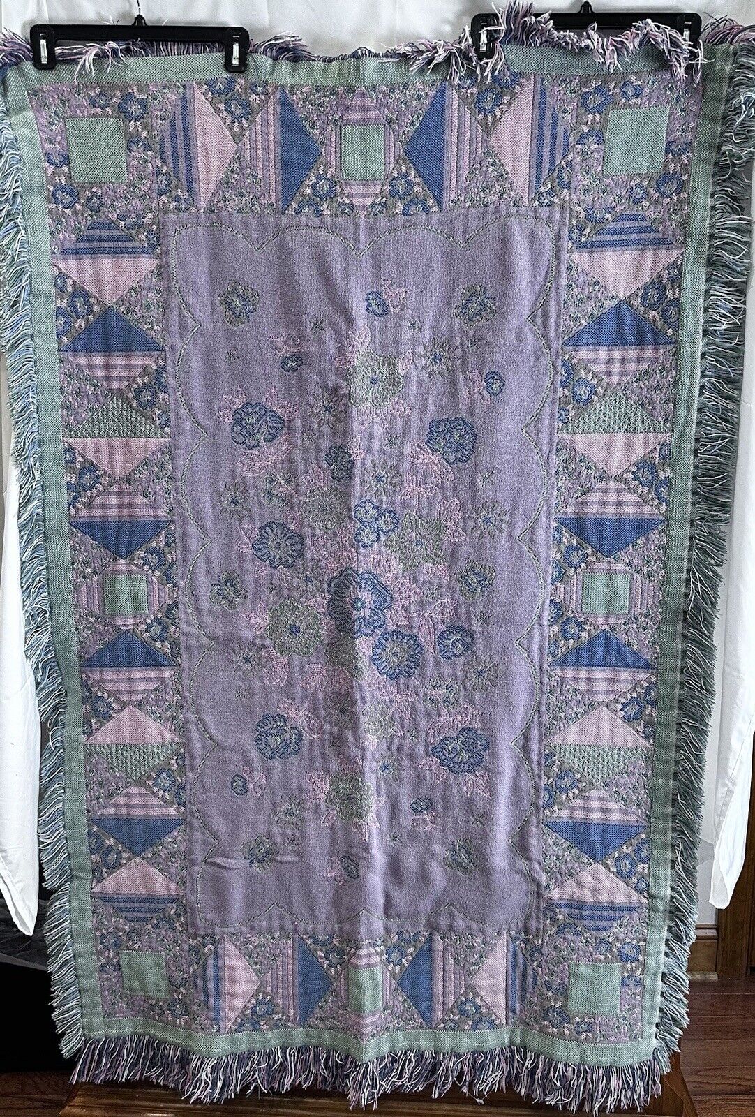 Vintage Woven Tapestry Blanket Patchwork Pattern Blue/Lilac/Green 42.5 X 66