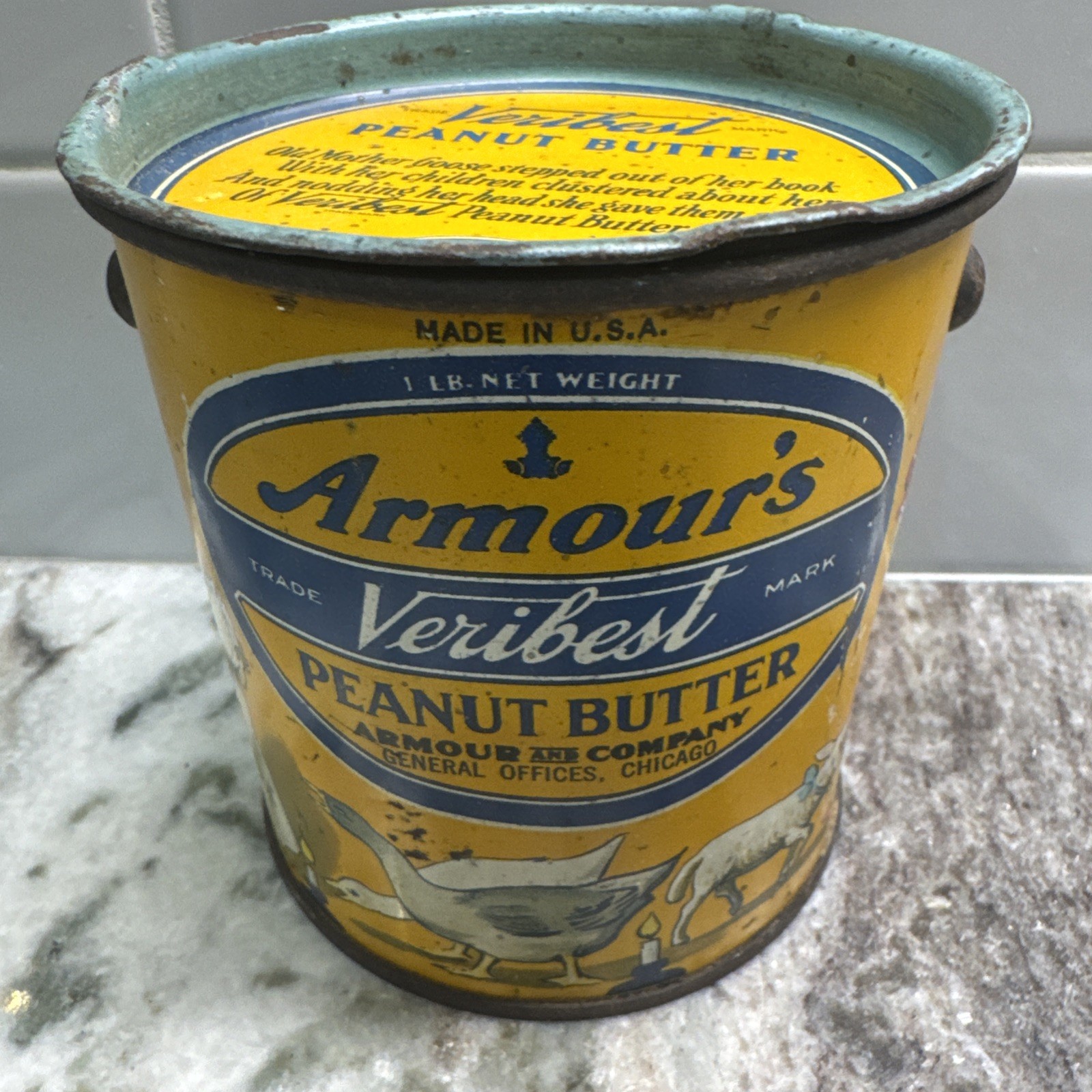 Antique 1930s Armour's Veribest Peanut Butter 1 lb Tin Pail Mother Goose w/ Lid