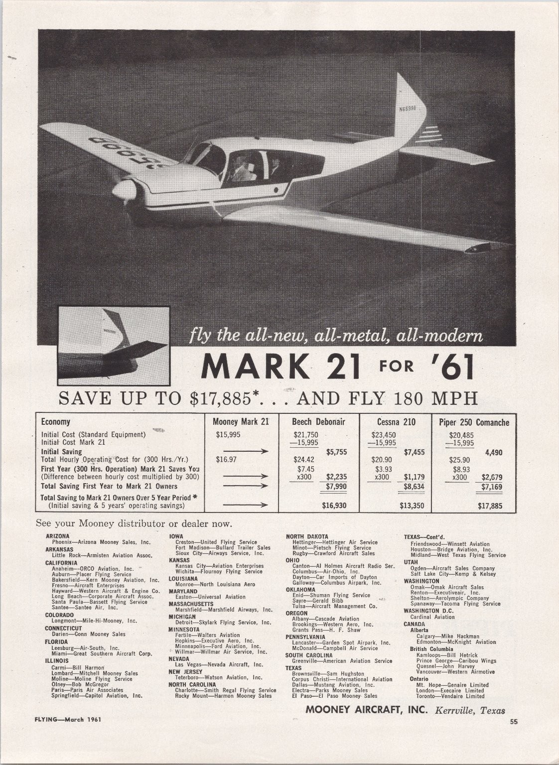 Mooney Mark 21 1961 Vintage Print Ad All-Metal Aircraft 180 MPH