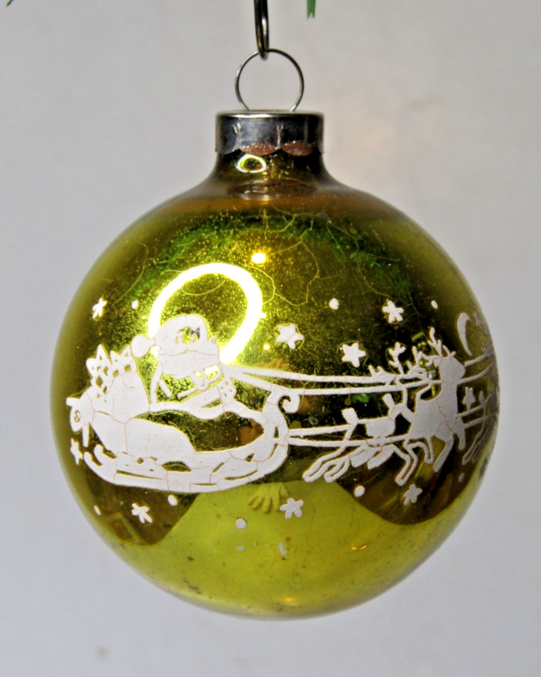 VTG pre WWII Glass Stencil Pictured SANTA Gift SLED Ball Christmas Ornament GOLD