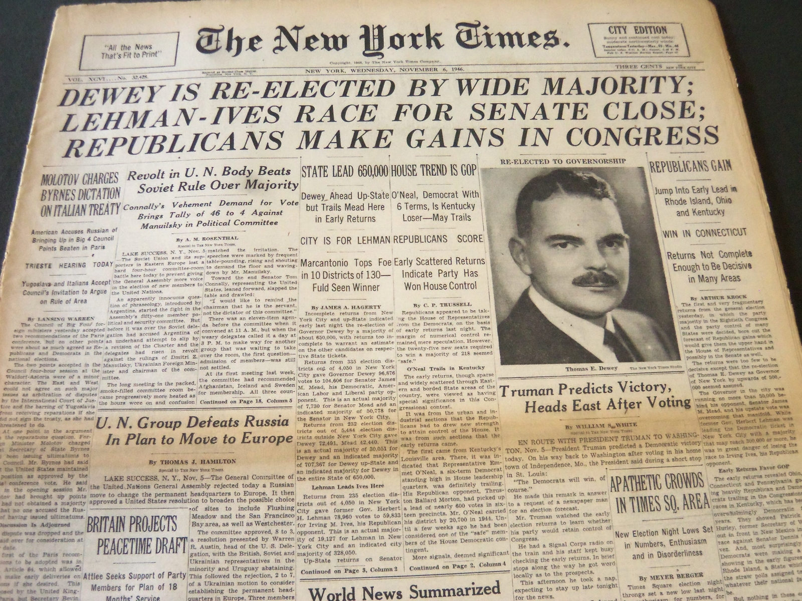 1946 NOVEMBER 6 NEW YORK TIMES - DEWEY IS RE-ELECTED BY WIDE MAJORITY - NT 5914