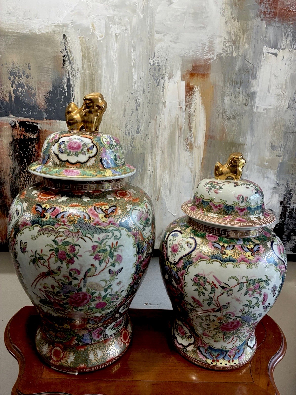 2 Vtg Large Chinese Famille Rose Temple Jars Gold Foo Dog Ginger Vases 24