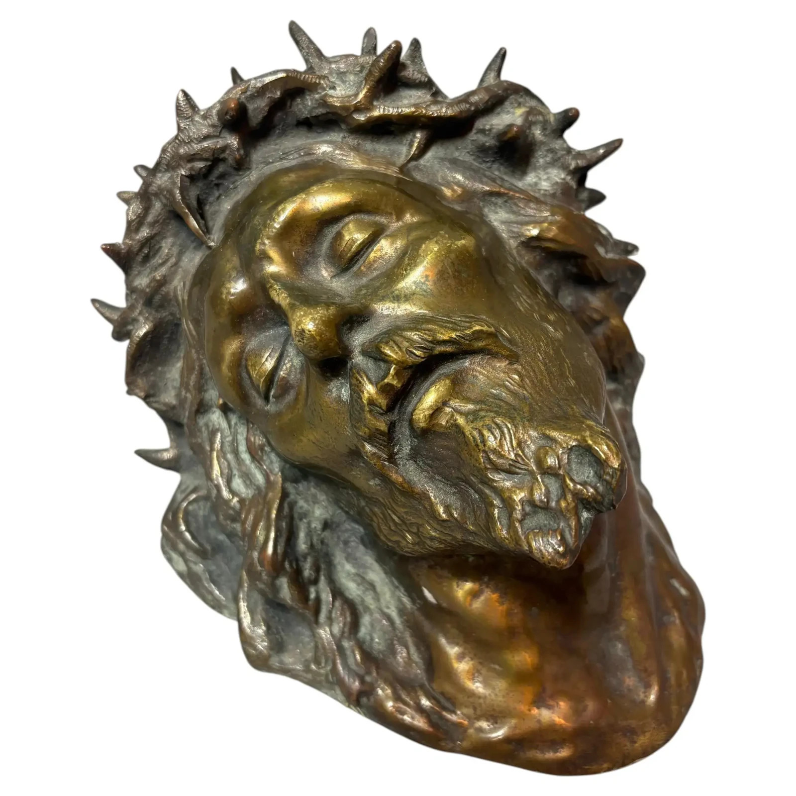 Fine French Late 19th Century Cast Bronze Head of Christ with Crown of Thorns