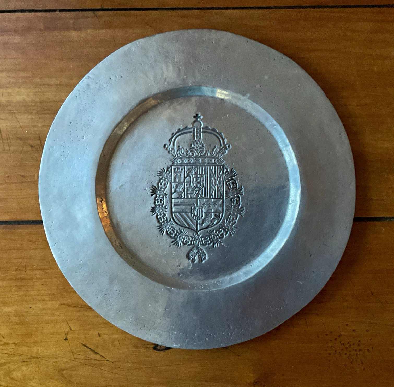 Round Pewter Plate/Dish w/ Embossed Coat of Arms of Spain Crest Design.
