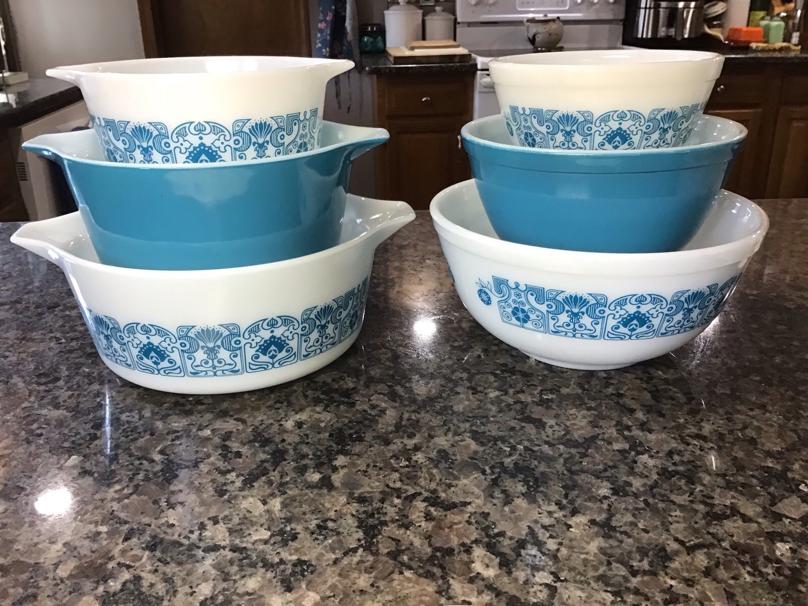 VINTAGE 6 Pc Pyrex Horizon Blue Mixing Bowl Casserole Dish Sets BOWL STANDS MINT