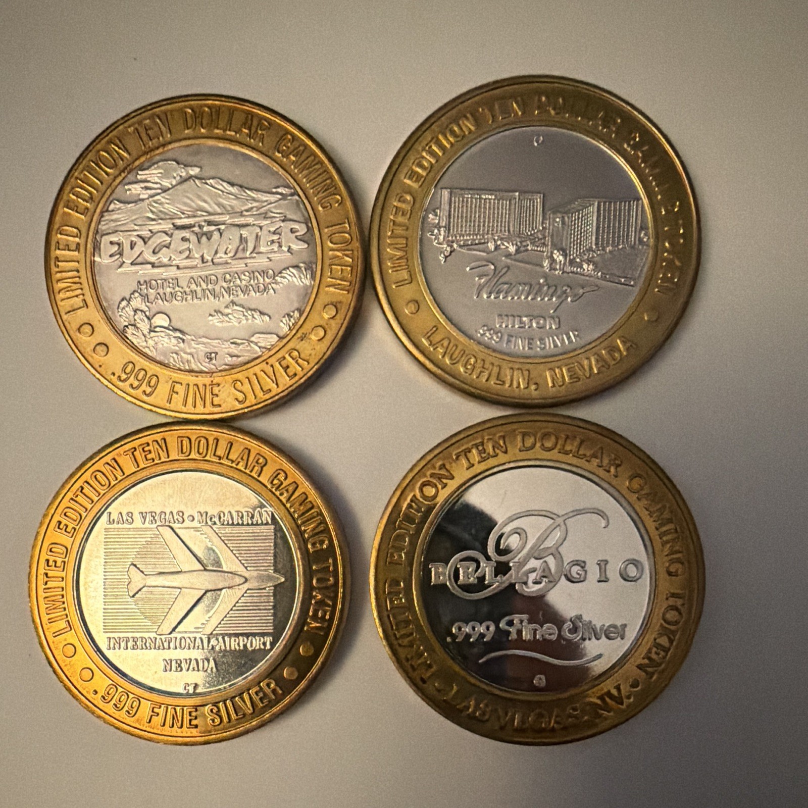 Lot of 4 Limited Edition 2.4 Oz of .999 Silver Casino $10 Gaming Tokens 