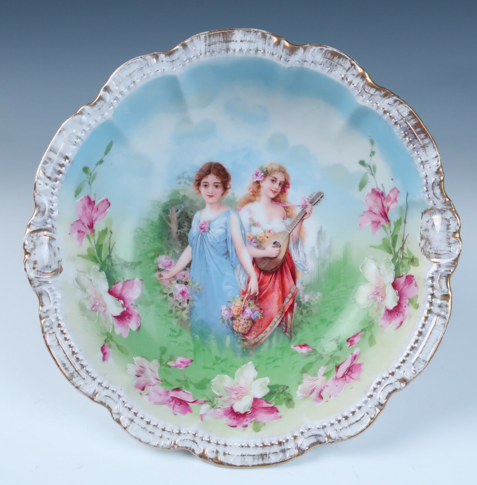 Antique PM Bavaria Flora Porcelain Portrait Bowl Ladies Roses German Moschendorf