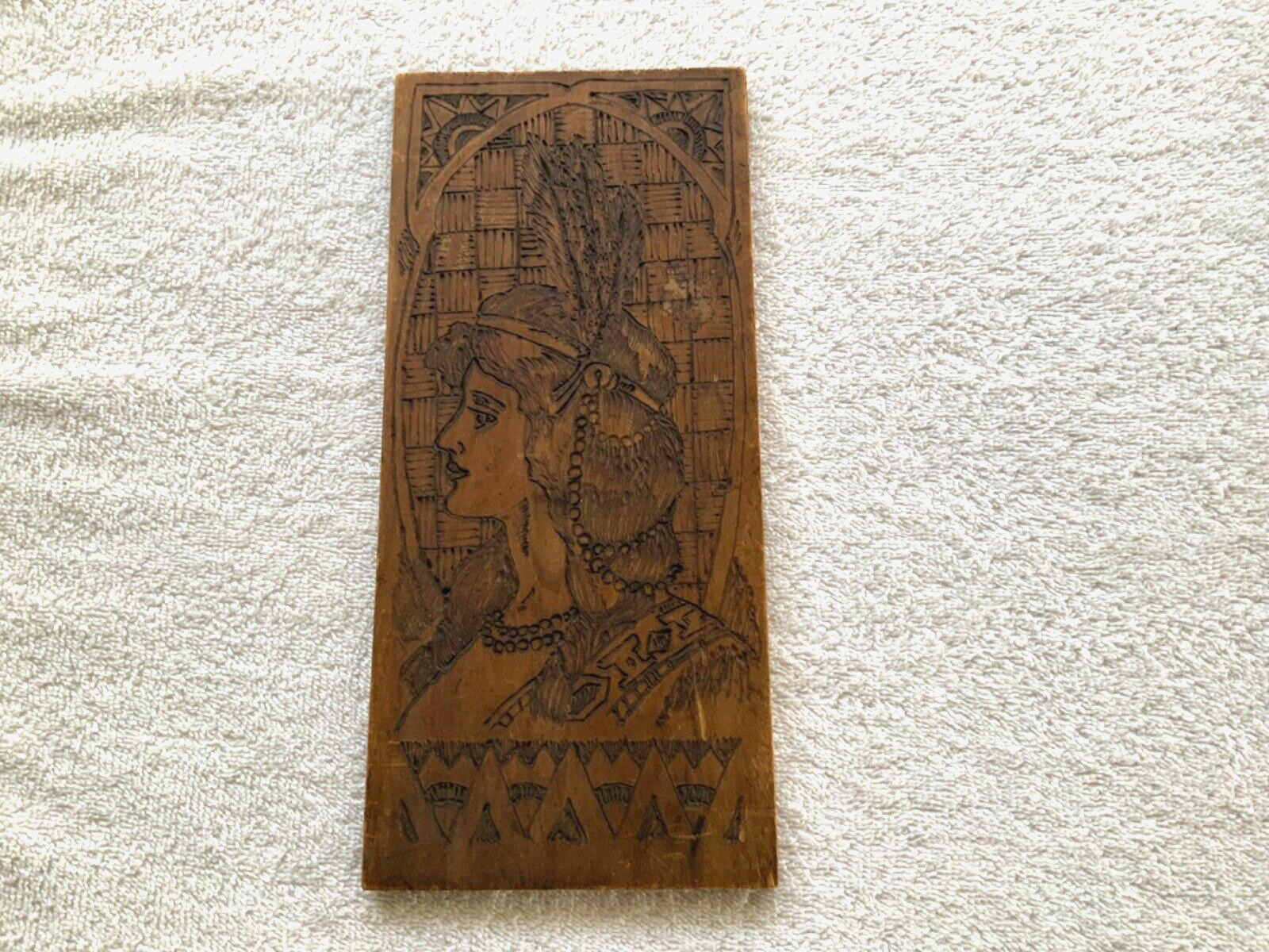 Vintage, Flemish Pyrography art Native American Indian women burnt wood picture