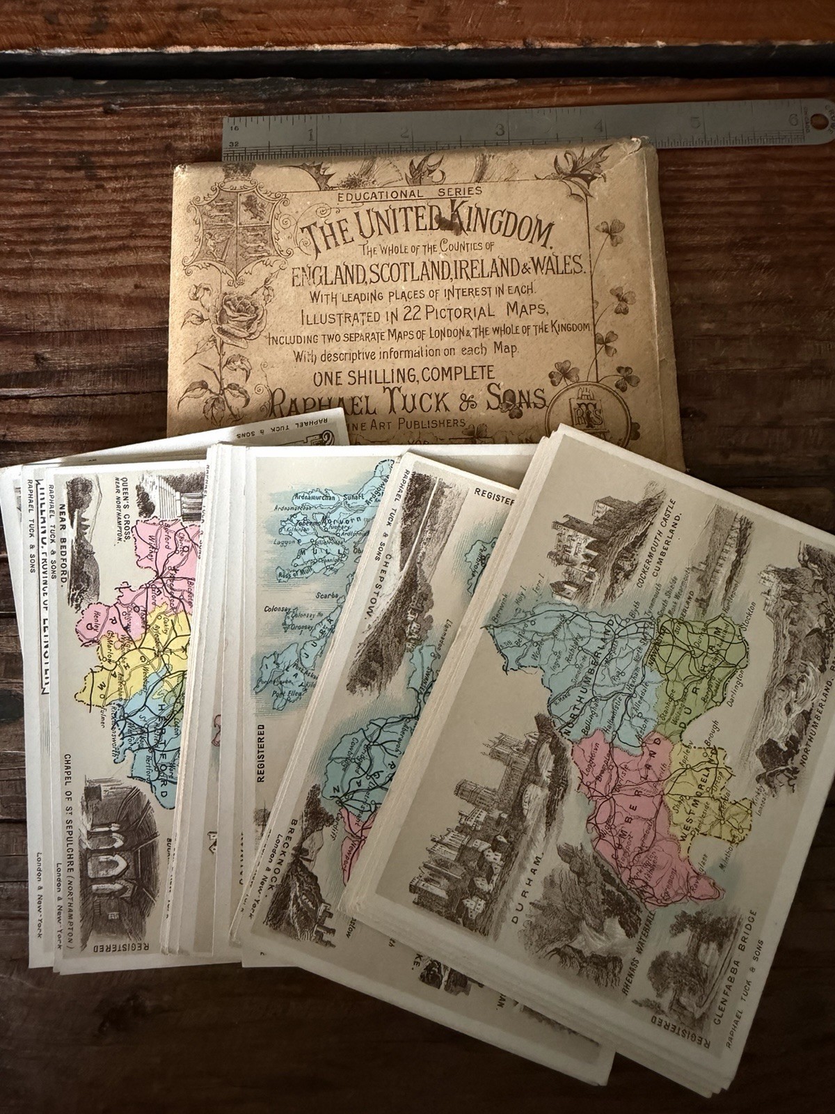 c1880s Raphael Tuck UK Complete 22 Victorian Pictorial Map Cards w/ Envelope