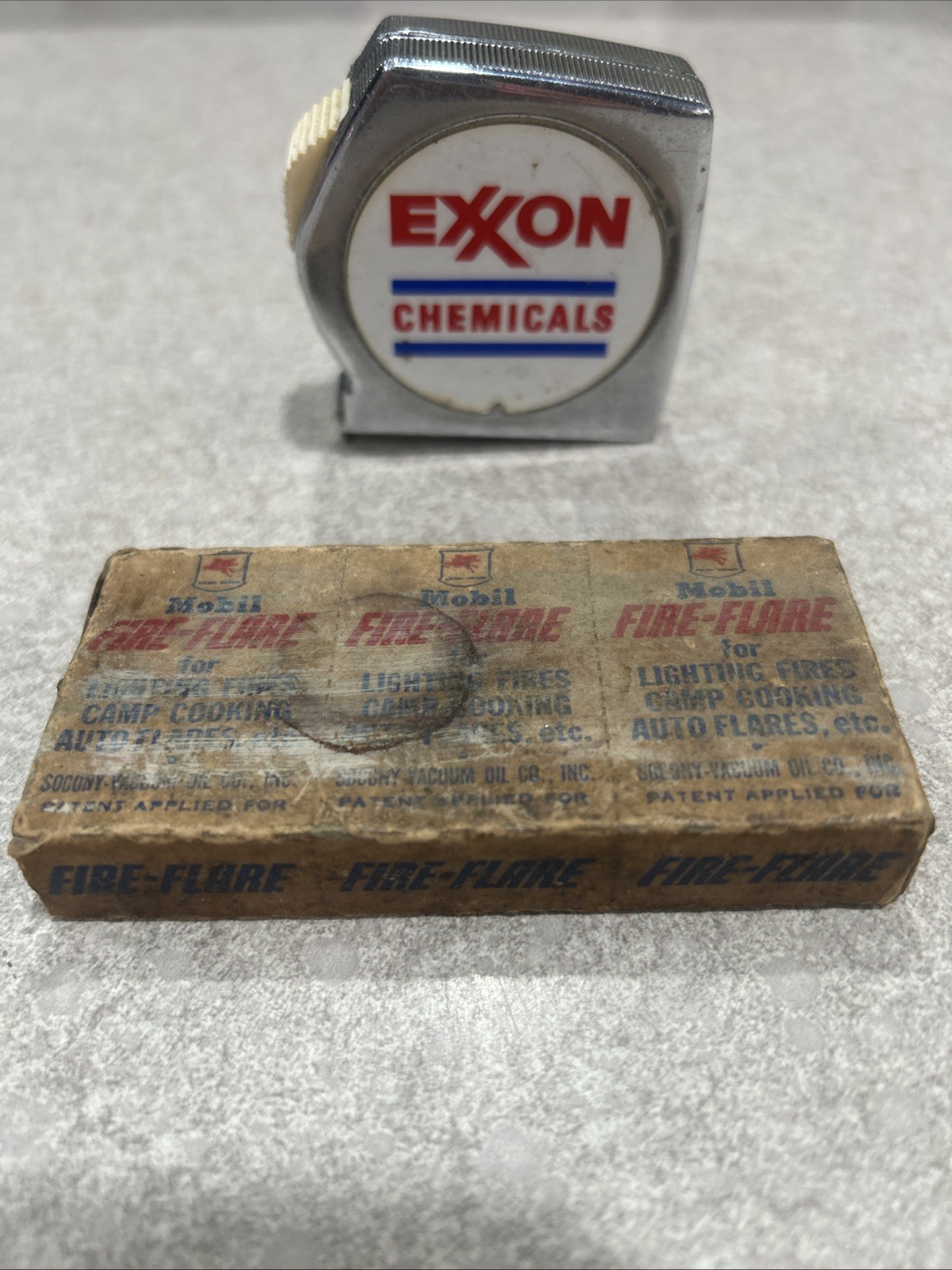 Vintage Mobile Gas Fire Flare And Exxon Tape Measure