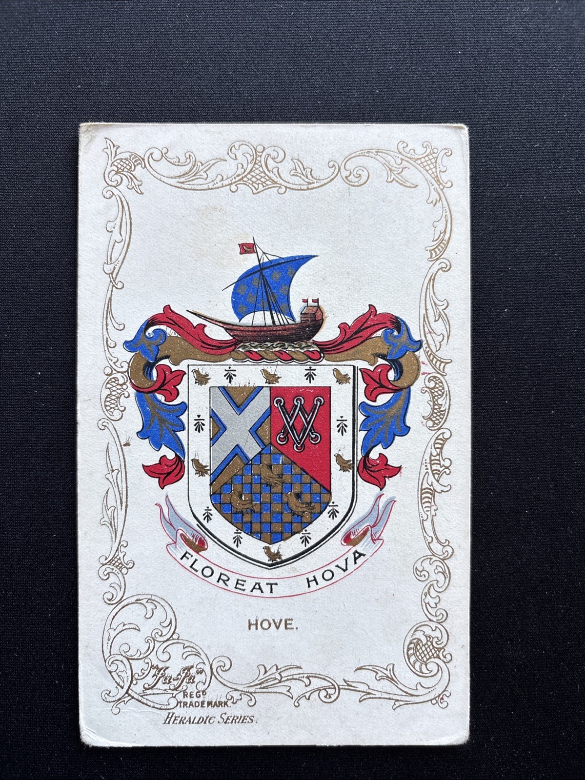 Antique Hove Floreat Hova Heraldic Crest Postcard Sailing Ship Sussex 1900s