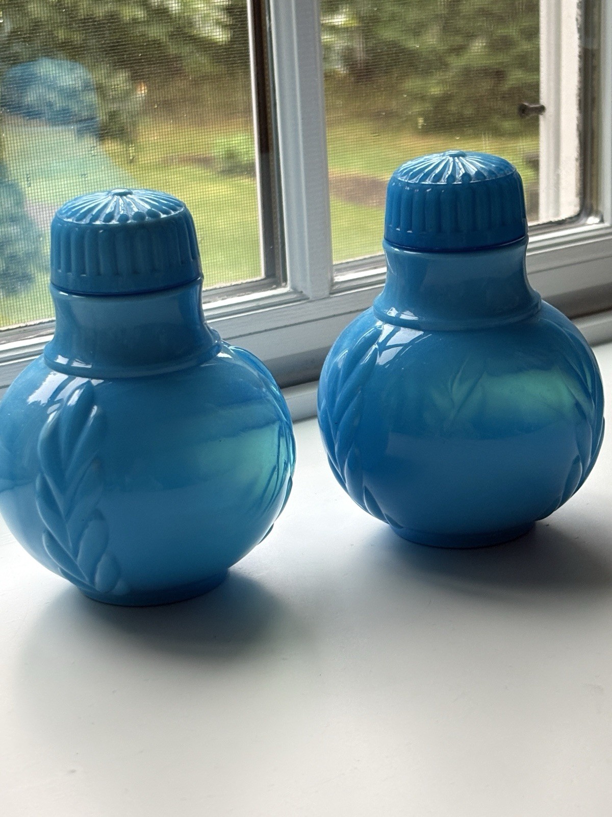 Victorian blue opaline glass vanity bottles Rare Matching Pair 1880 Atterbury Co