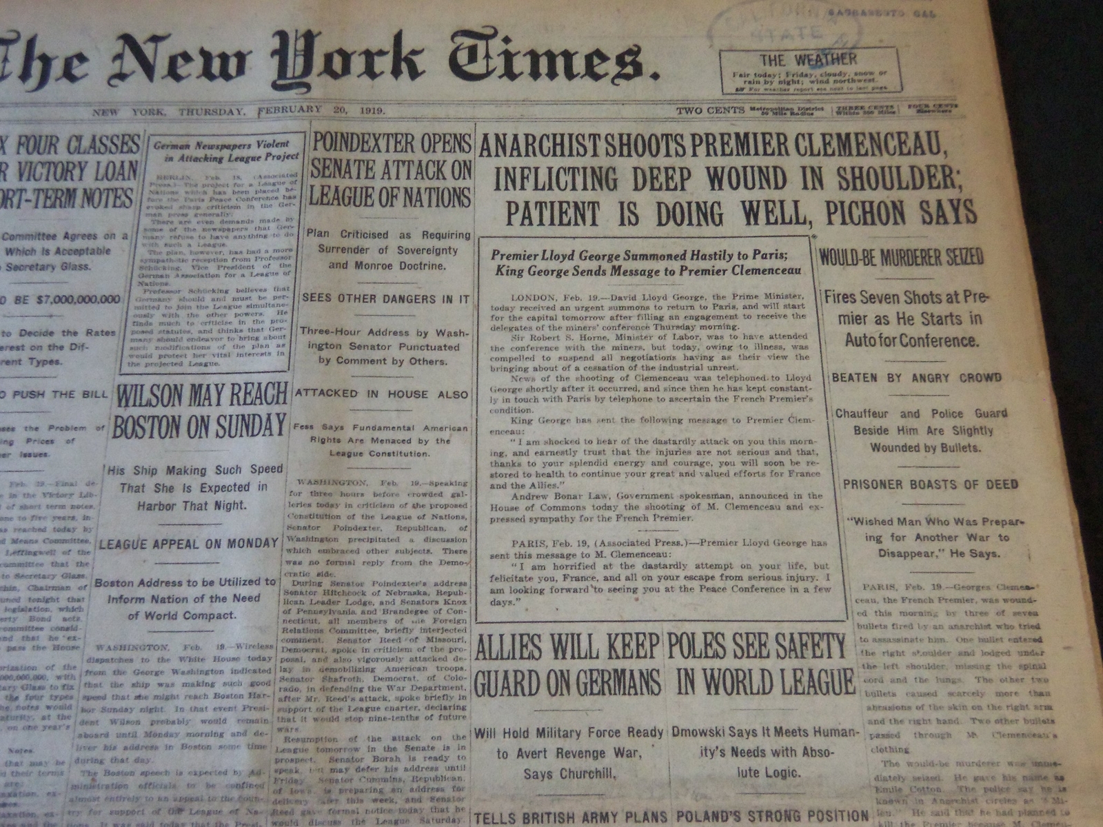 1919 FEBRUARY 20 NEW YORK TIMES - ANARCHIST SHOOTS PREMIER CLEMENCEAU - NT 6497