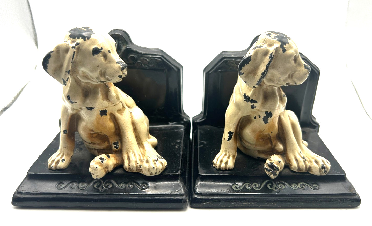 Rare Antique Cast Iron Pointer Puppy Dog Bookends Orig Paint Art Deco c1928-35