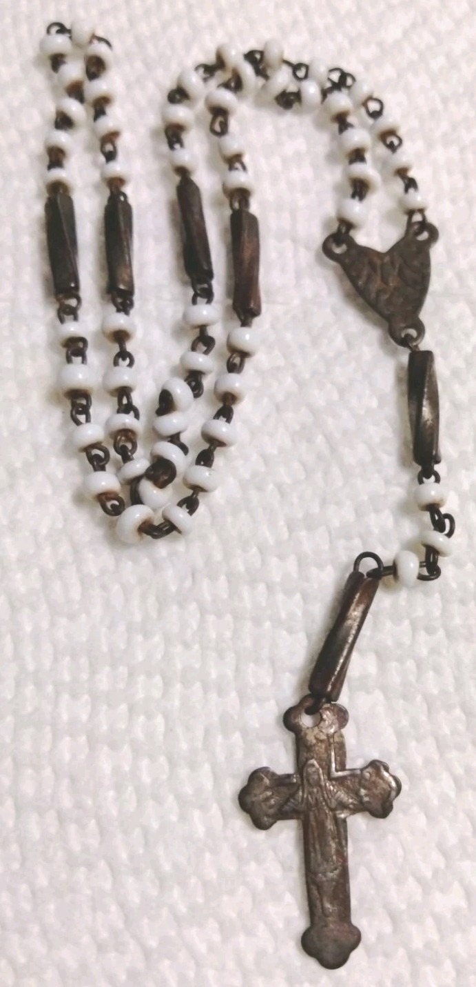 Antique Mid 1800\'s Pocket France Rosary White Prosser Beads Nun Convent Find