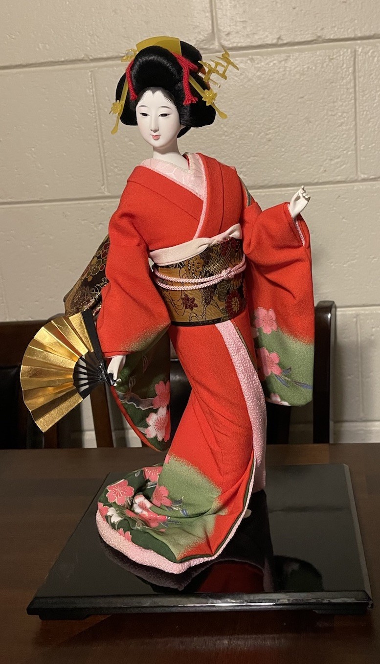 Vtg Japanese Geisha Oyama Doll 16.5” Tall Red Silk Kimono Model 1014 Midcentury