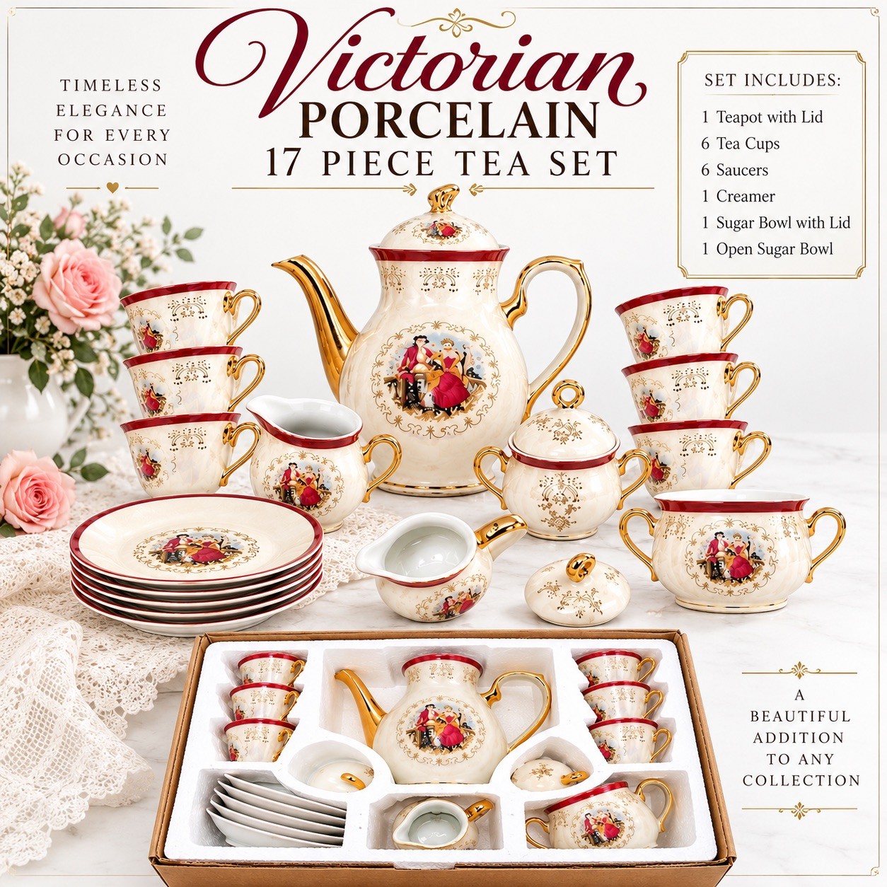 VTG Victorian Style Fine Porcelain Tea Set 17 Piece Set With Gold Trim Handles