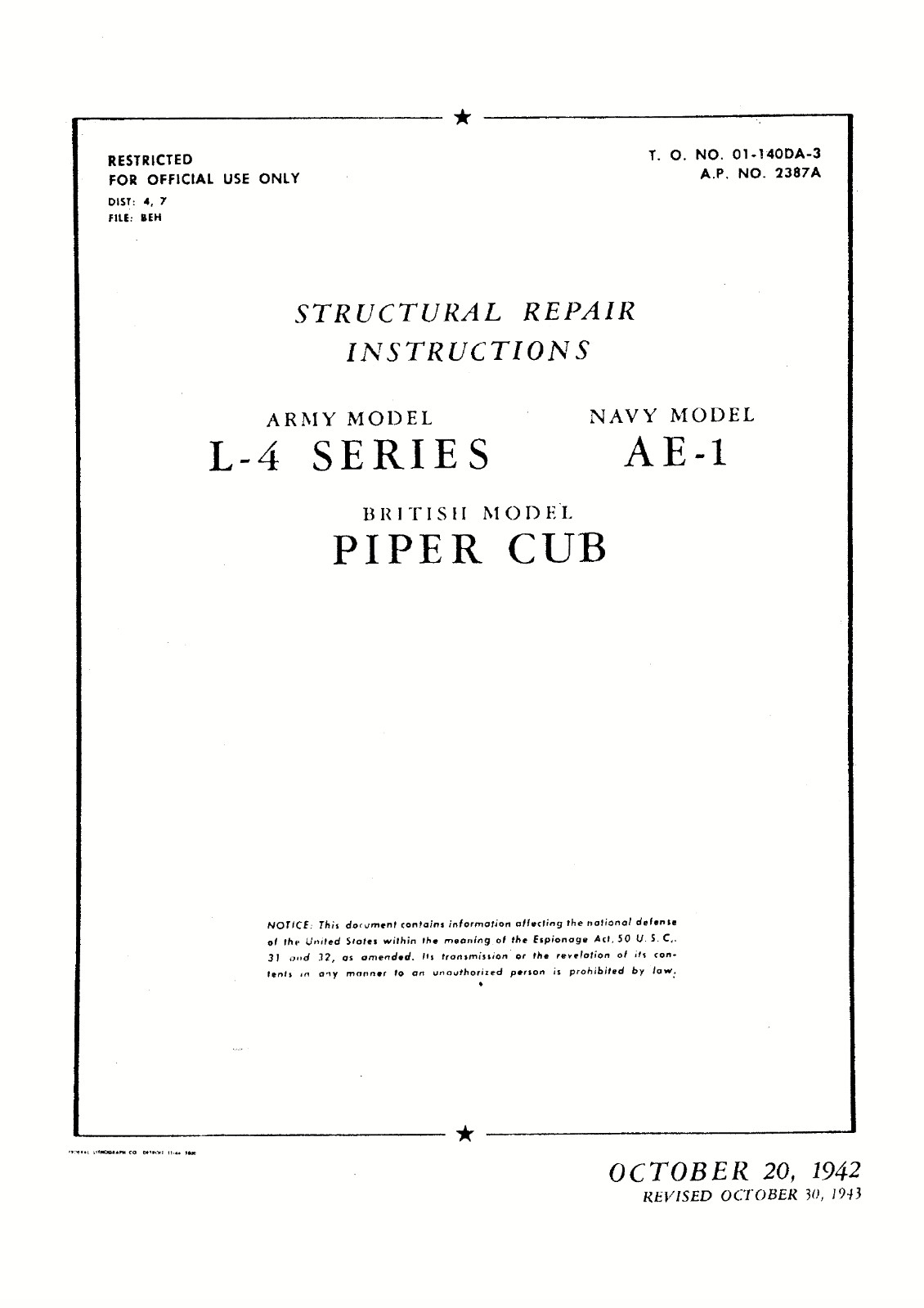 142 Page 1943 TO 01-140DA-3 Handbook Structural Repair L-4 AE-1 Piper Cub on CD
