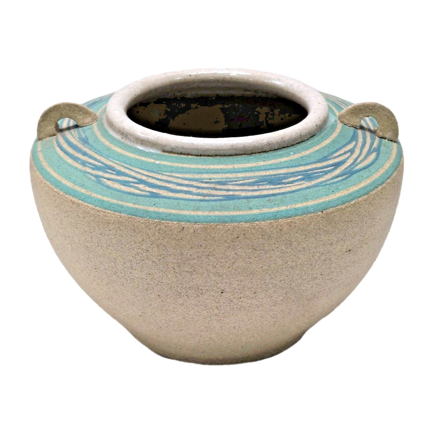 Studio Pottery Handmade Vase Pot Handles Turquoise Blue Wave Beige Stoneware