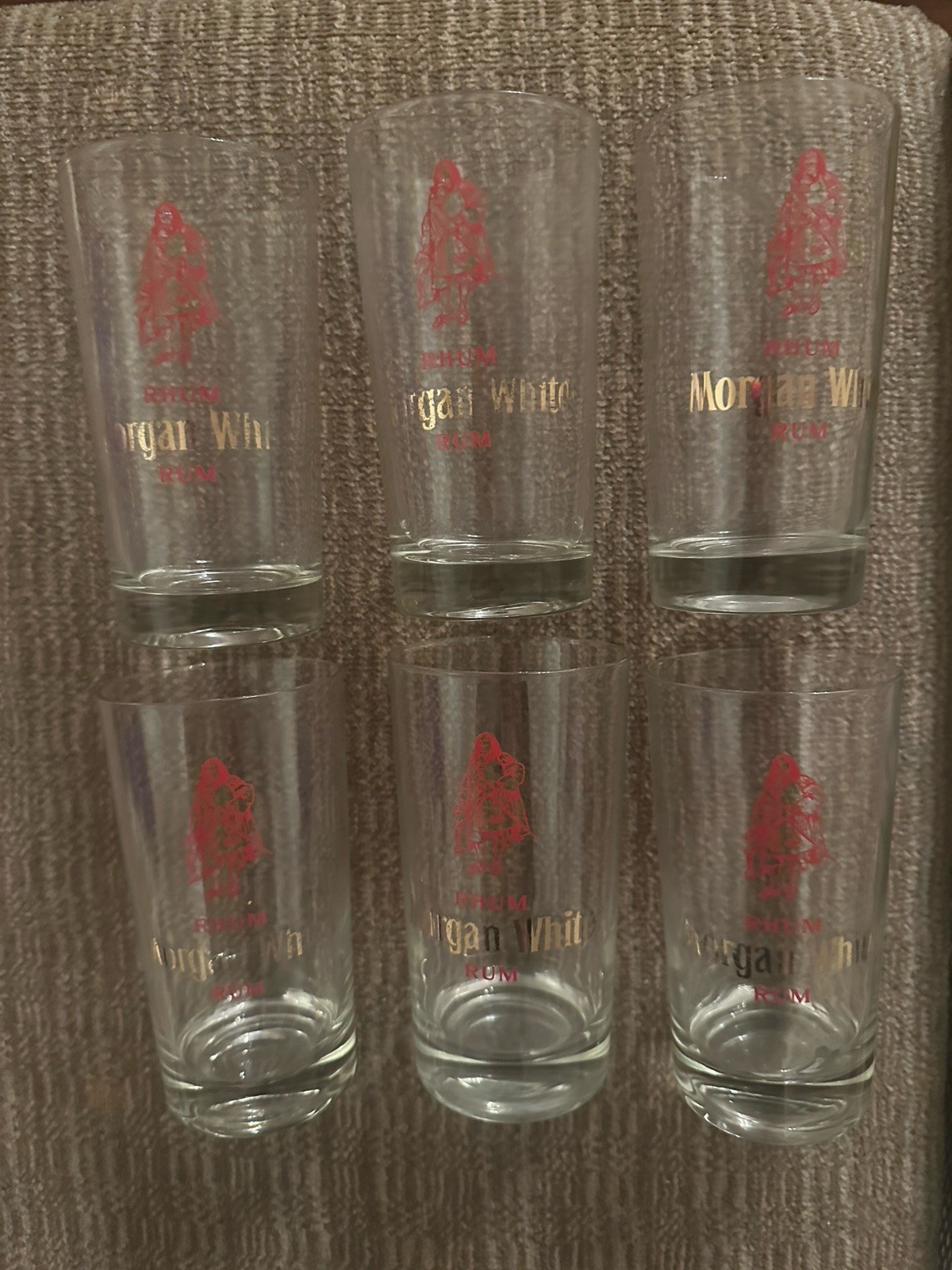 6 Vintage Morgan White Rhum Glasses Red/Gold Logo RARE VALUED AT $275 6 Vintage Morgan White Rhum Glasses Red/Gold Logo RARE VALUED AT $275