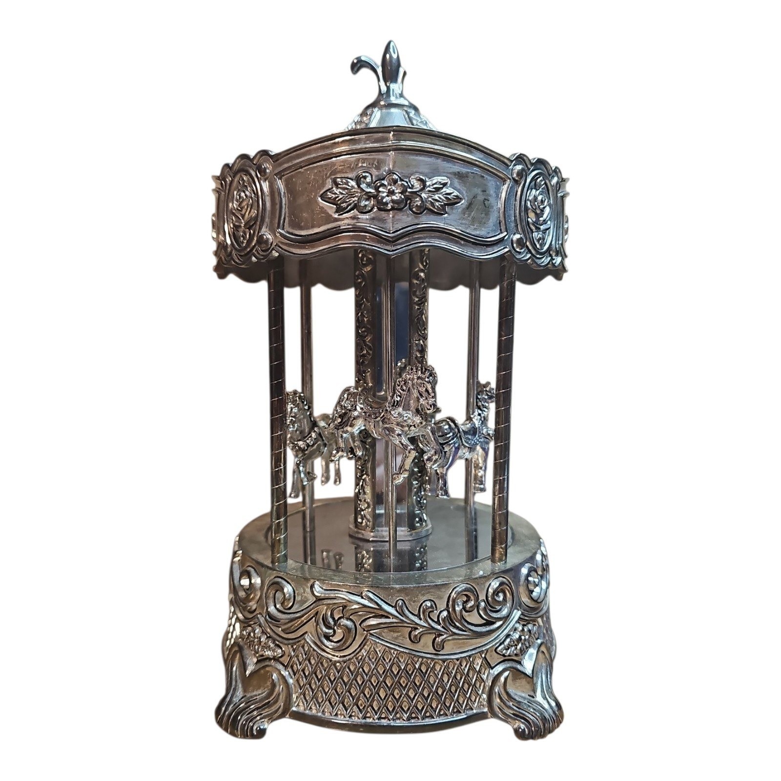 Vintage Silver Tone Carousel Music Box Ornate Floral Horse Merry Go Round