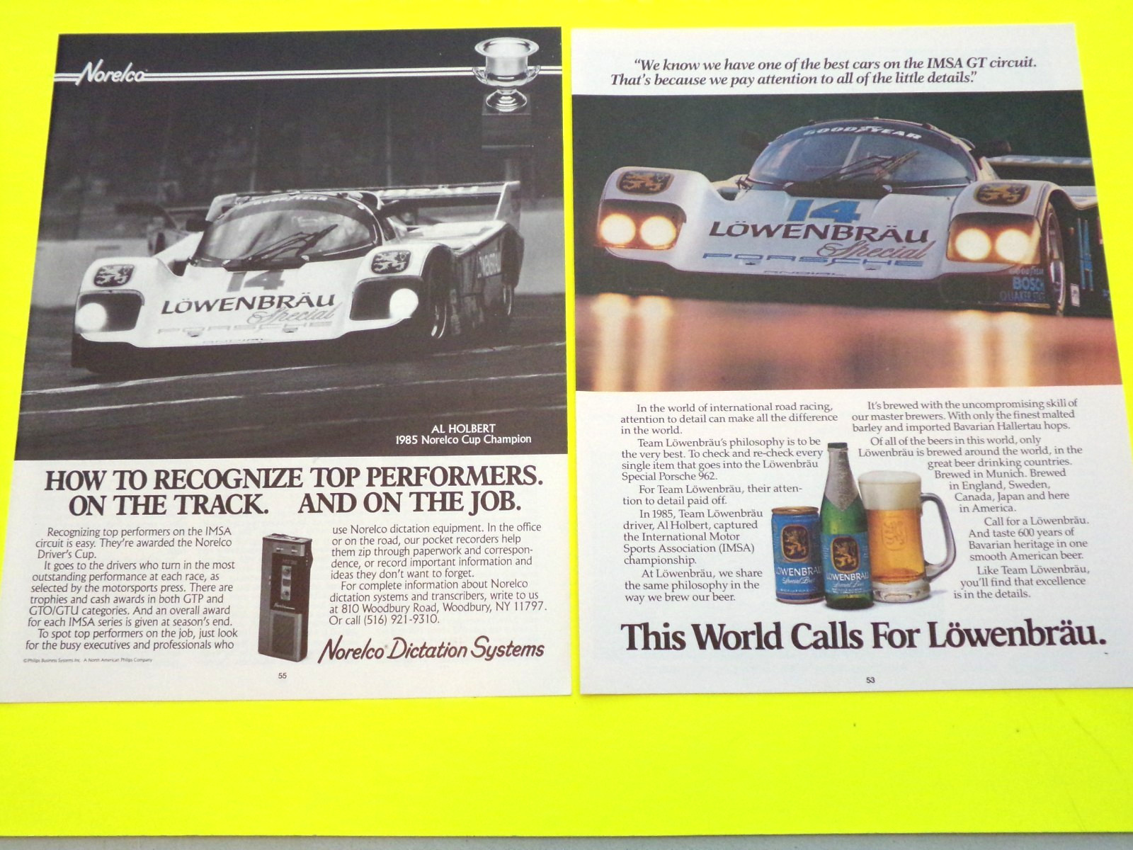 2 1985 Lowenbrau Beer Porsche Ads Al Holbert Champion 2 1985 Lowenbrau Beer Porsche Ads Al Holbert Champion