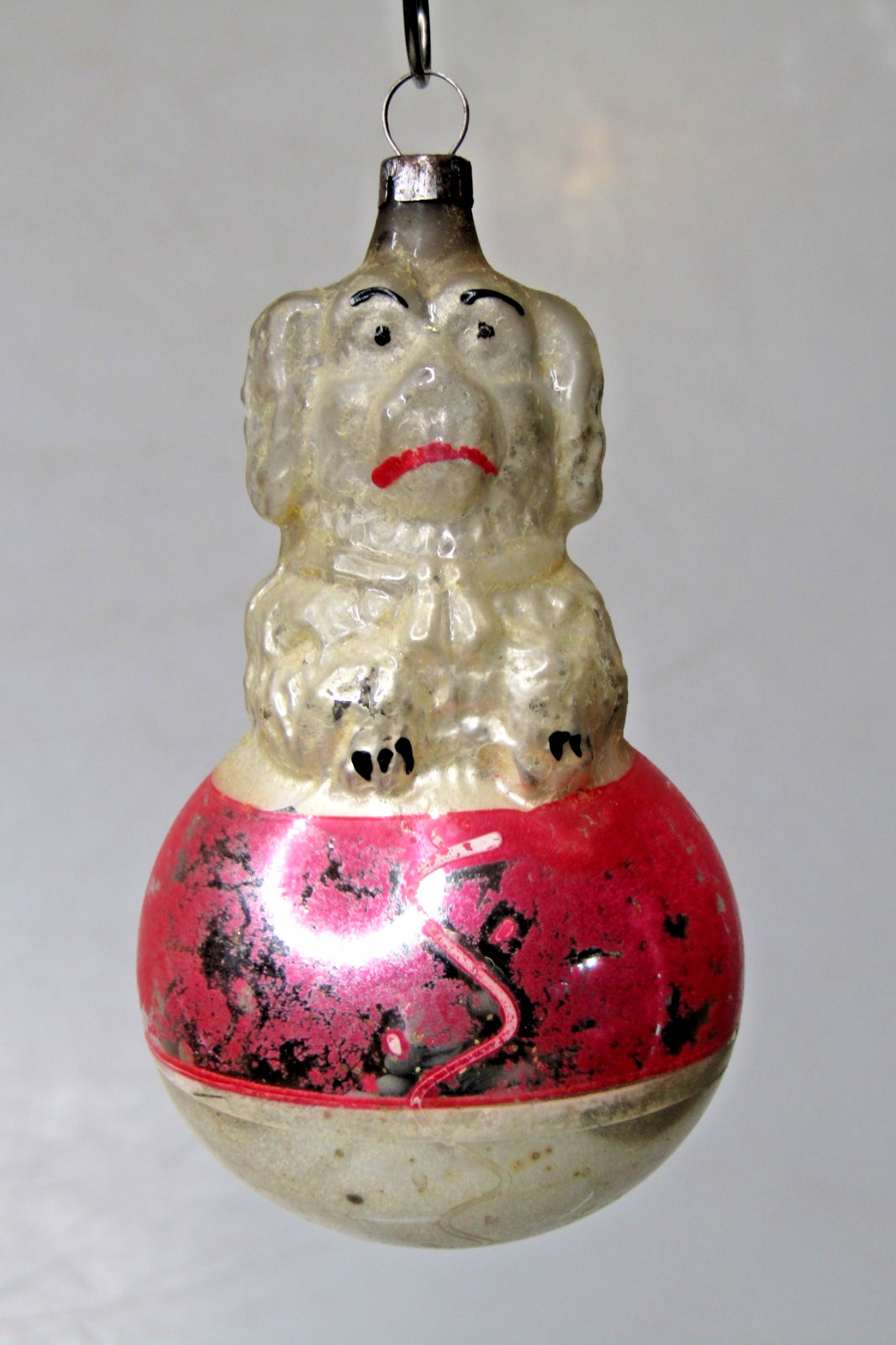 VTG Antique Blown Glass Begging POODLE Dog On Ball Christmas Ornament Germany