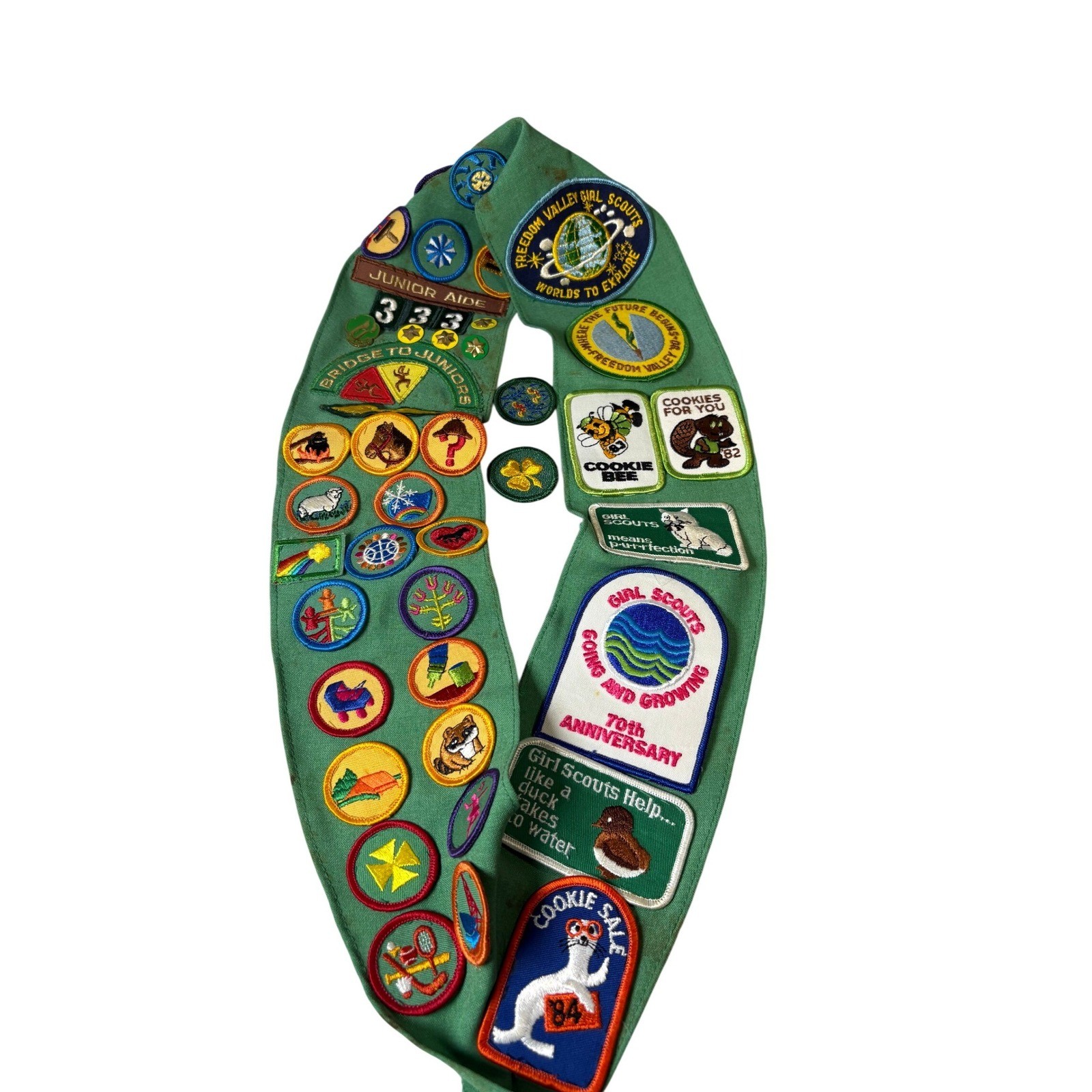 Vintage Girl Scouts Junior Sash Green with 1980s Patches Pins Troop 333 GSA