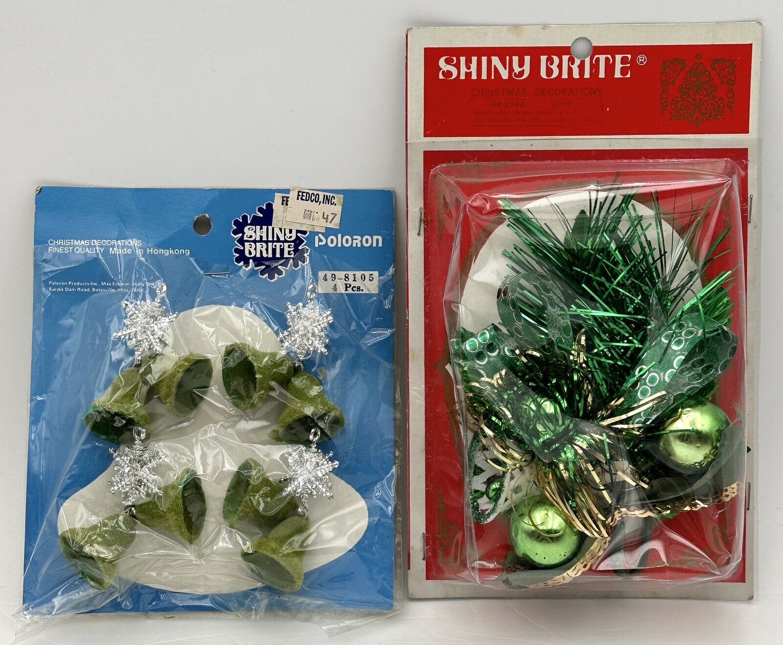 Vintage Shiny Brite Christmas Flocked Bell Ornaments Gift Sprig Decoration Green