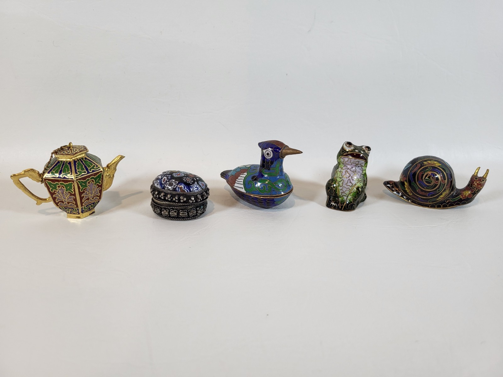 Lot of Vintage Asian Cloisonné Enamel Brass Miniature Figures & Millefiori Trink
