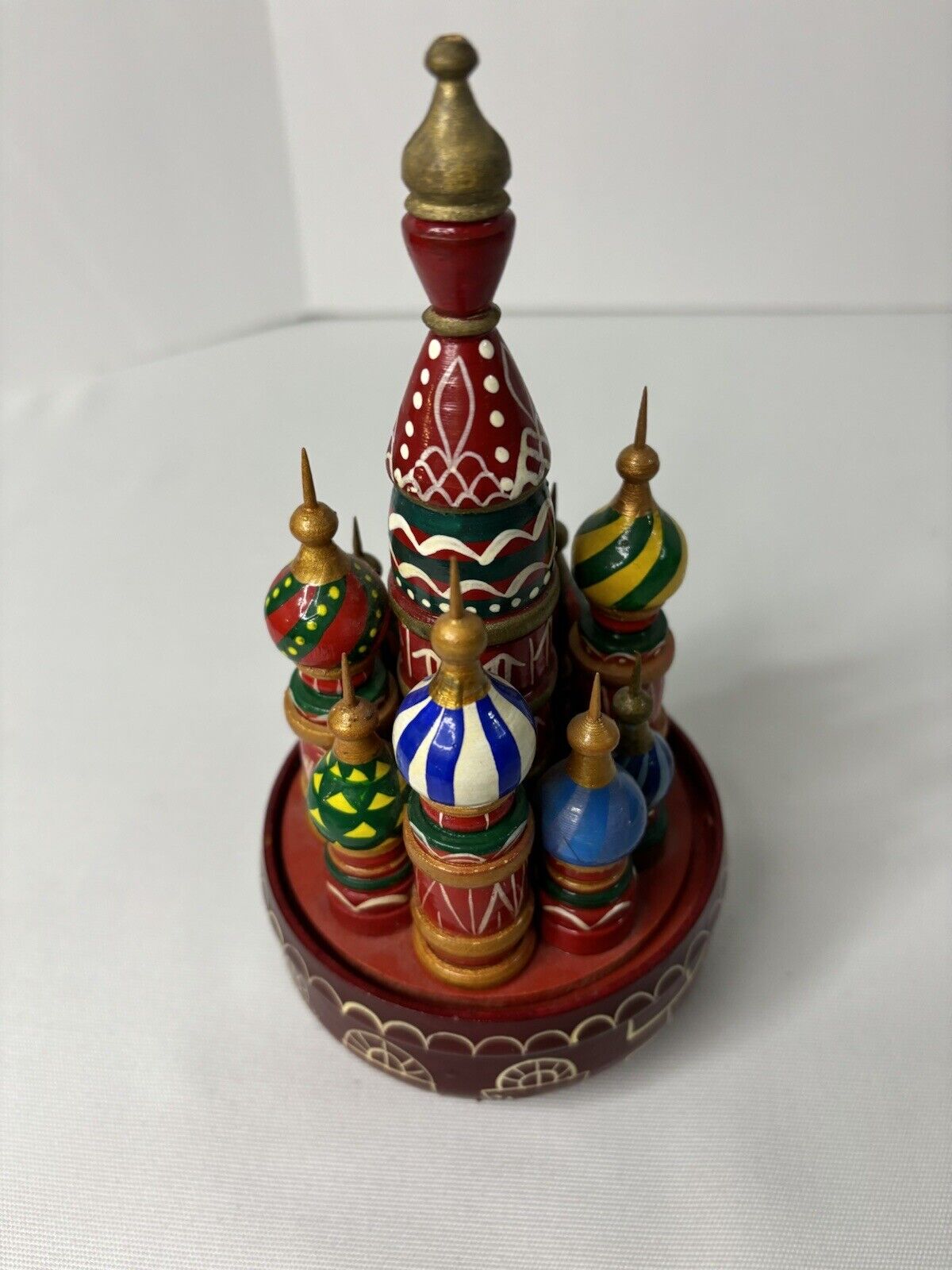 Vtg Hand-Made Wood St. Basil's Cathedral Figurine Moscow - 7.5” T X 3.5” Dia