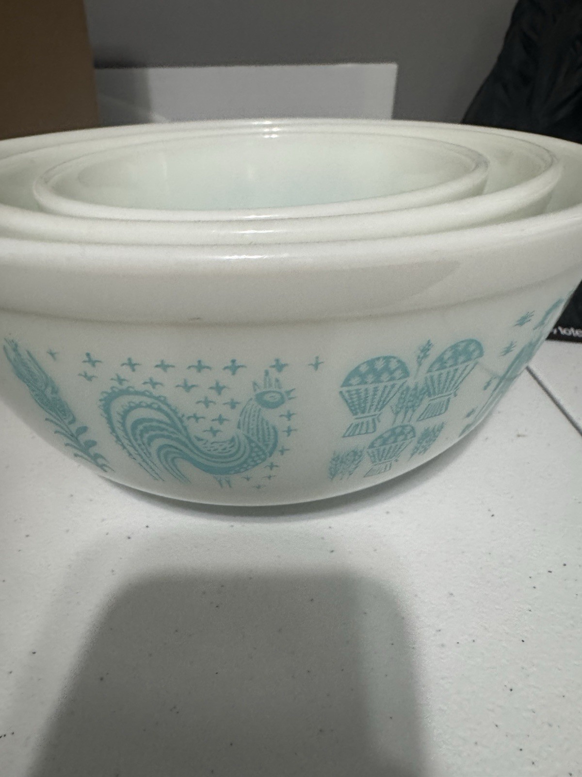 Vintage White & Blue Milk Glass Nesting 3pc Mixing Bowl Set Rooster Balloon