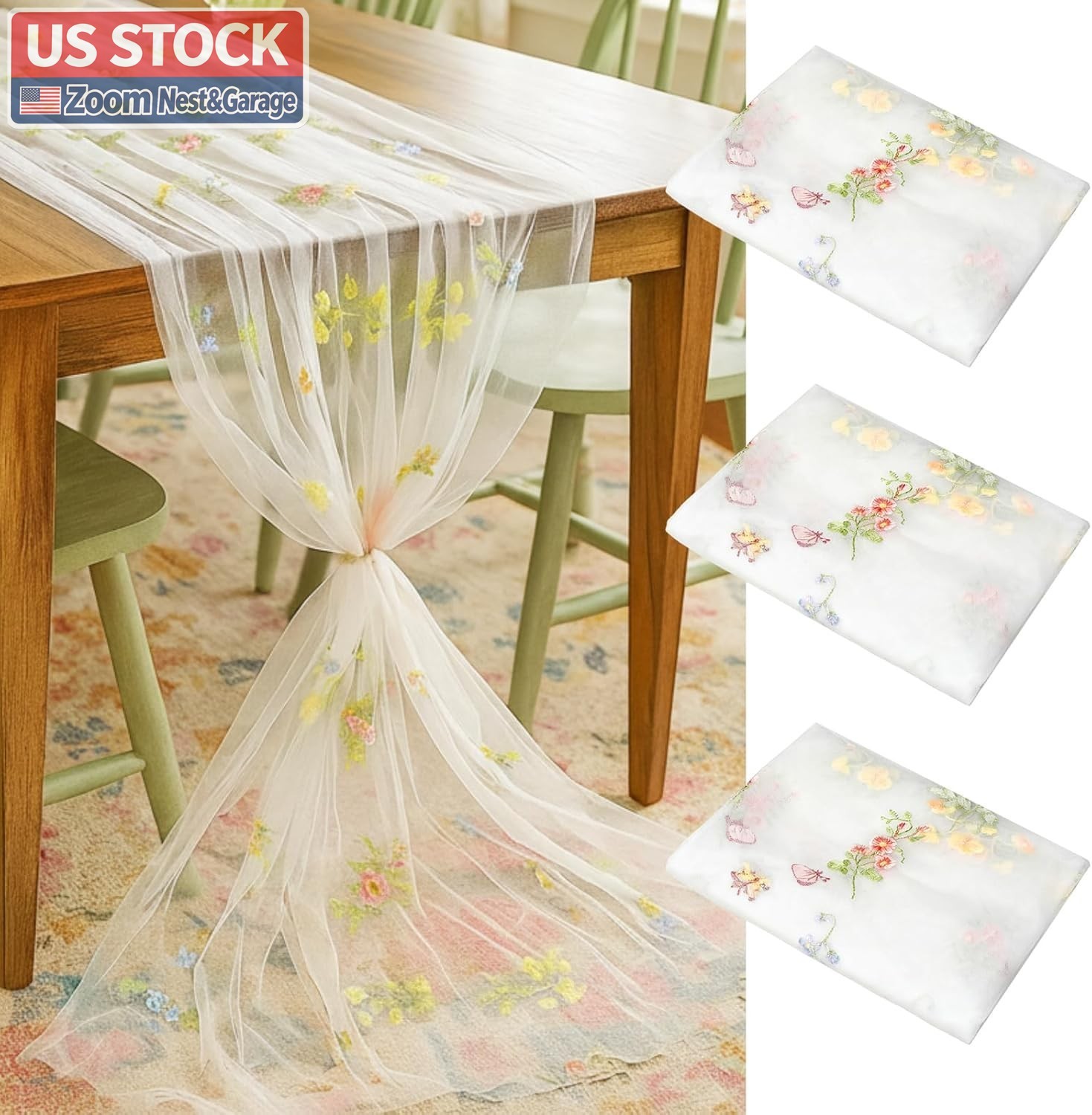 US Stock Lounsweer 3 Pcs Wildflower Table Runner 10ft White Tulle