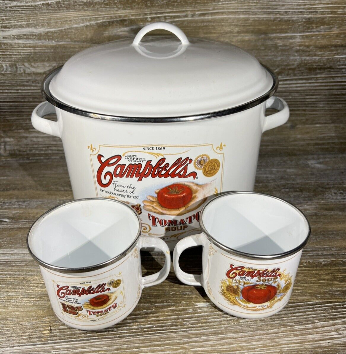 Vintage 2001 Collectible Campbell\'s Tomato Soup Metal White Pot with 2 Cups Set