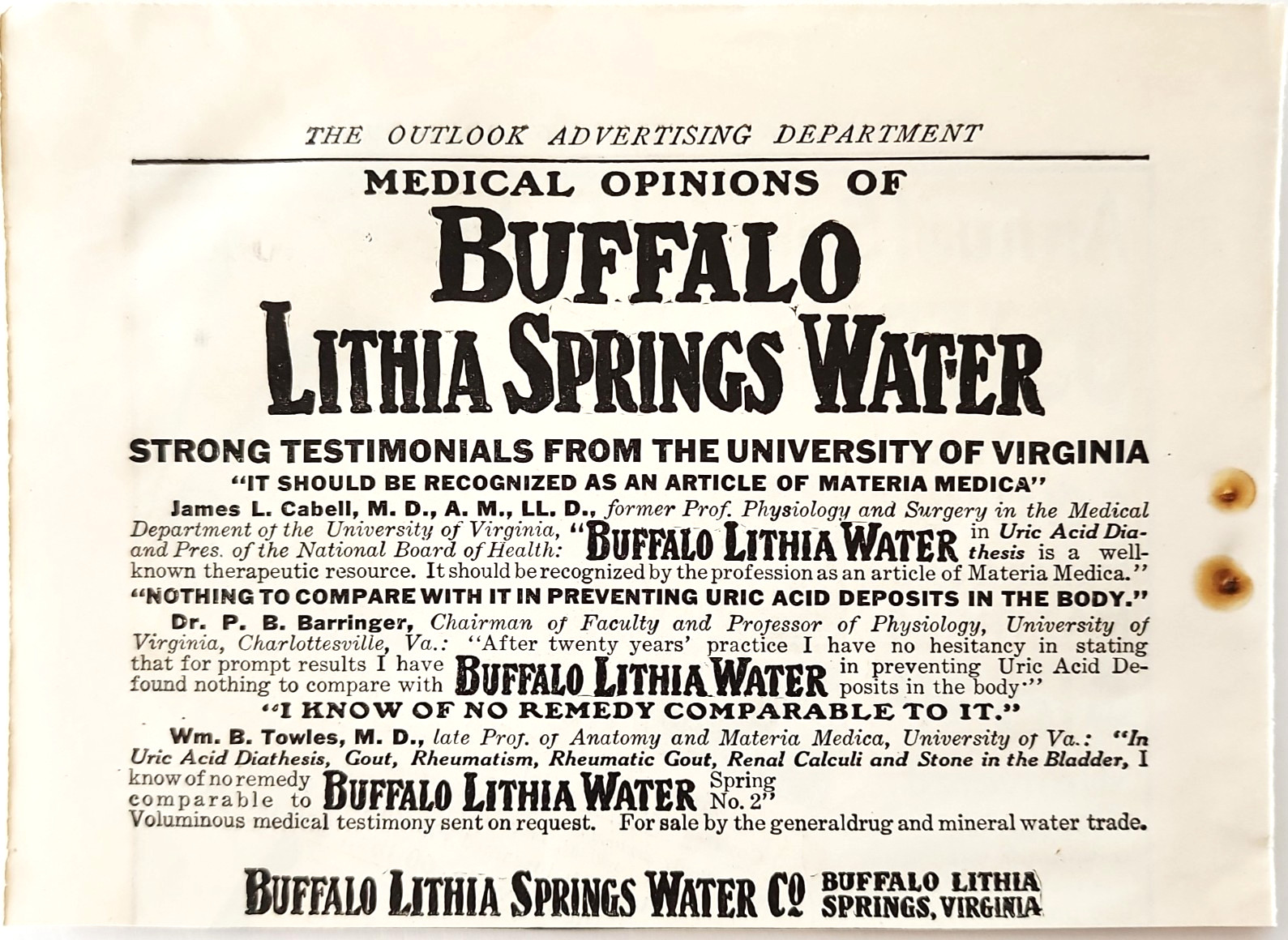 1908 Buffalo Lithia Springs Water Advertisement Antique Quack Medicine Virginia