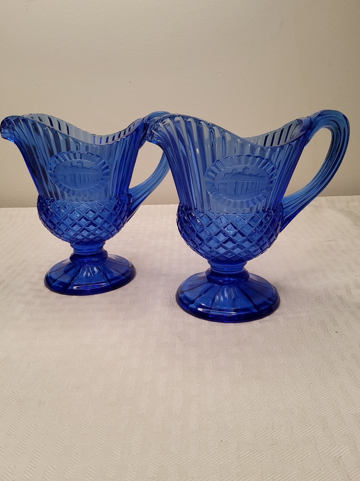2 Vintage  Avon Colbalt Blue Mt Vernon  Medallion Ribbed  Diamond Pitcher (141)