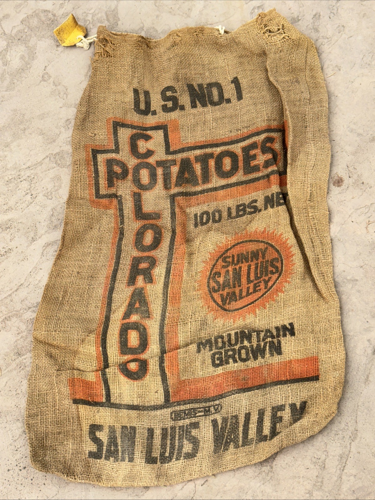 VTG Sunny Cross San Luis Valley Colorado Potatoes Burlap Bag 100 lb Gunny Sack VTG Sunny Cross San Luis Valley Colorado Potatoes Burlap Bag 100 lb Gunny Sack