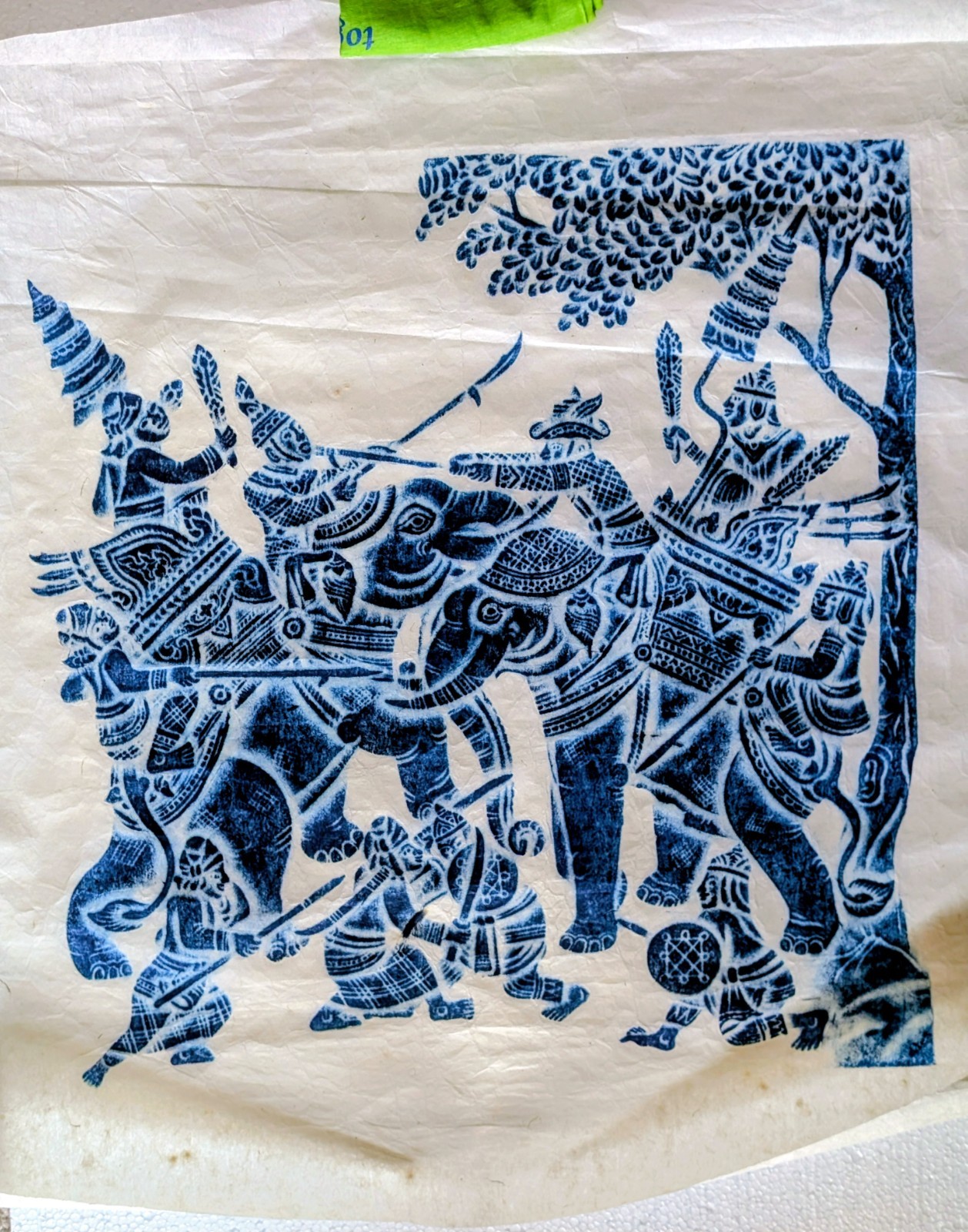 Genuine Cambodian Angkor Wat Blue Temple Rubbing ELEPHANT WAR rice paper 18x18 Genuine Cambodian Angkor Wat Blue Temple Rubbing ELEPHANT WAR rice paper 18x18