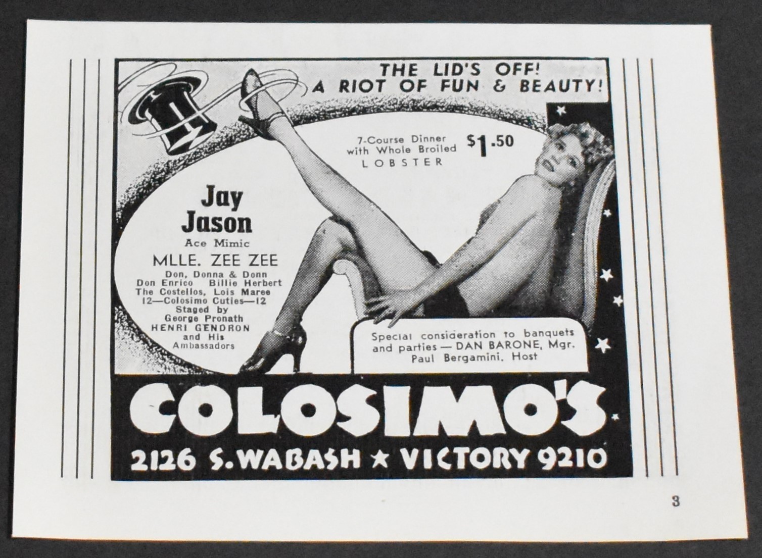 1937 Print Ad Chicago Illinois Colosimo\'s Dan Barone Capone Hangout Restaurant