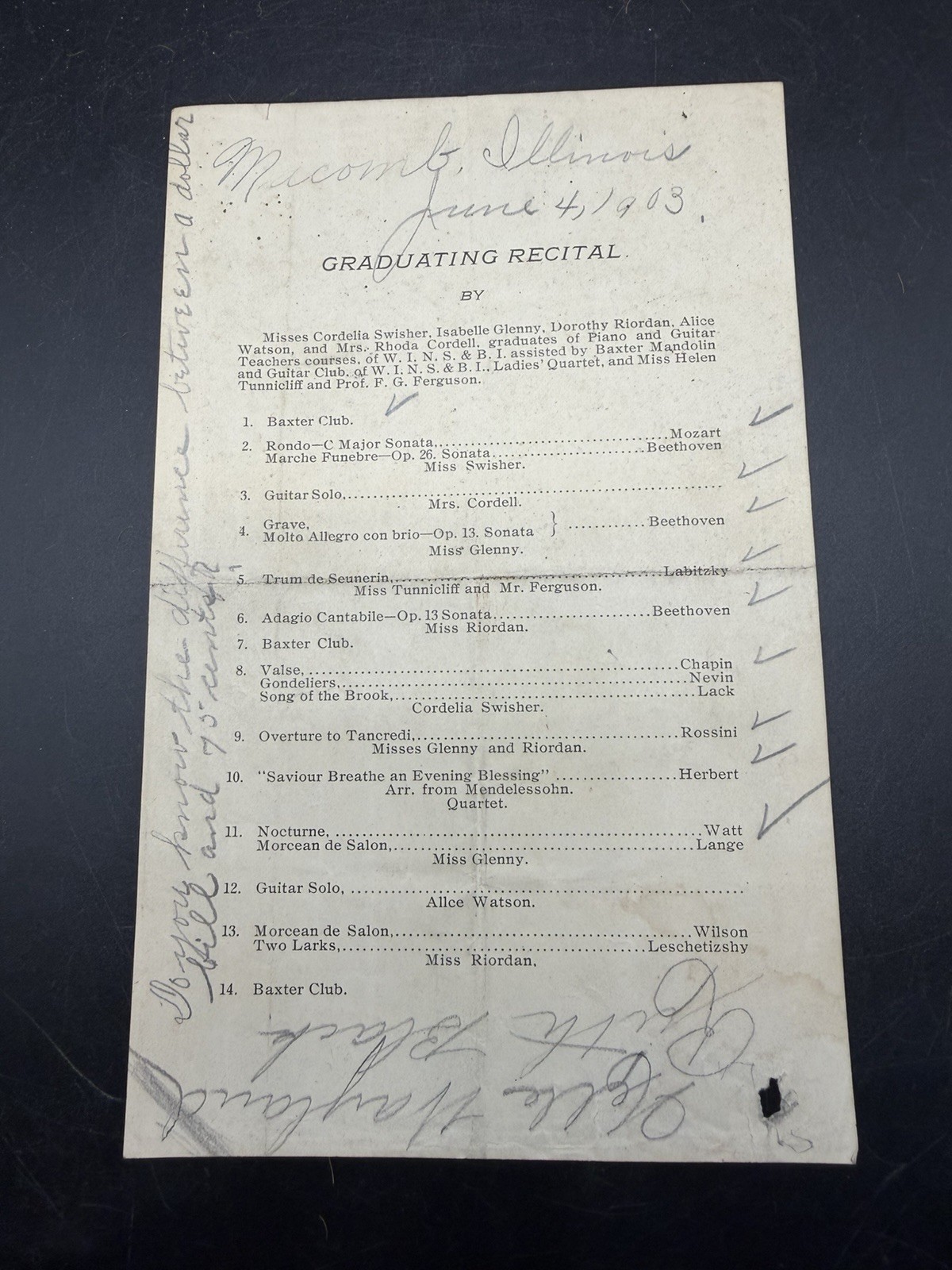 Antique 1903 Macomb Illinois Music Recital Program Handwritten Notes Passed 