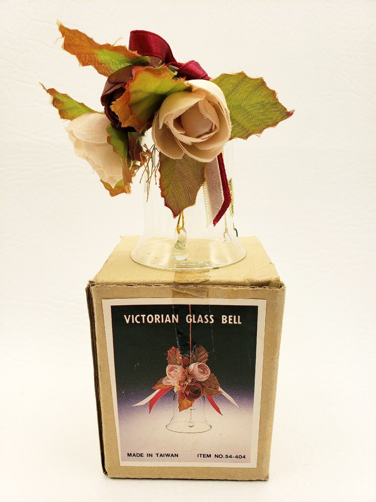 Vintage Victorian Roses & Ribbon Glass Christmas Ornament Bell 3”H Taiwan IOB