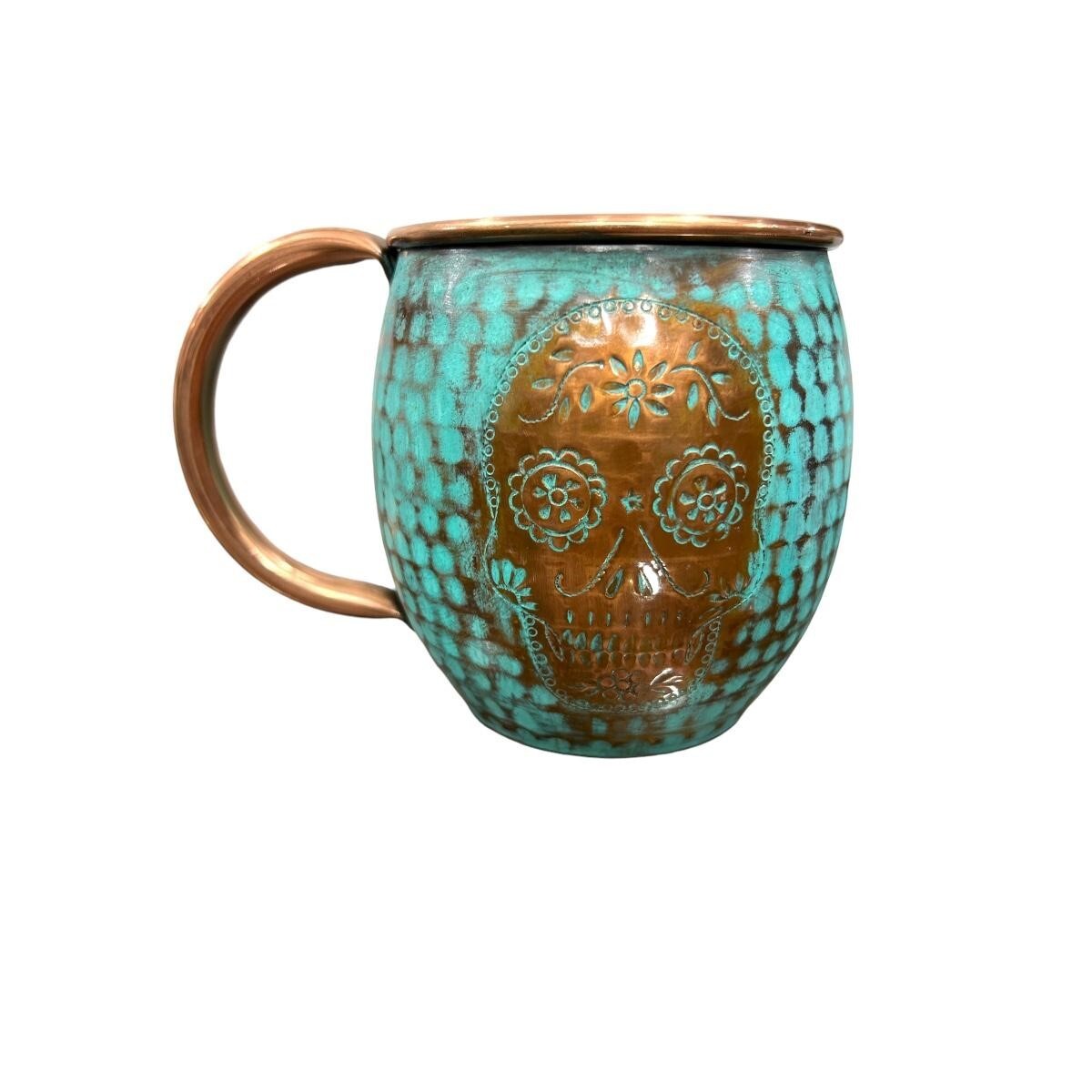 Mexican Handcrafted Recycled Copper Set of 2 Skull Barrel Mugs, Día de Muertos