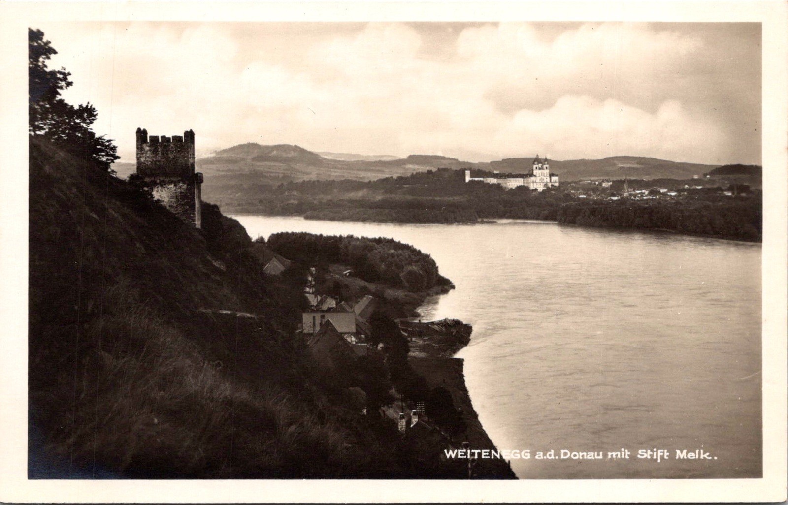 View Weitenegg Danube River Melk Abbey Austria Real Photo RPPC Postcard