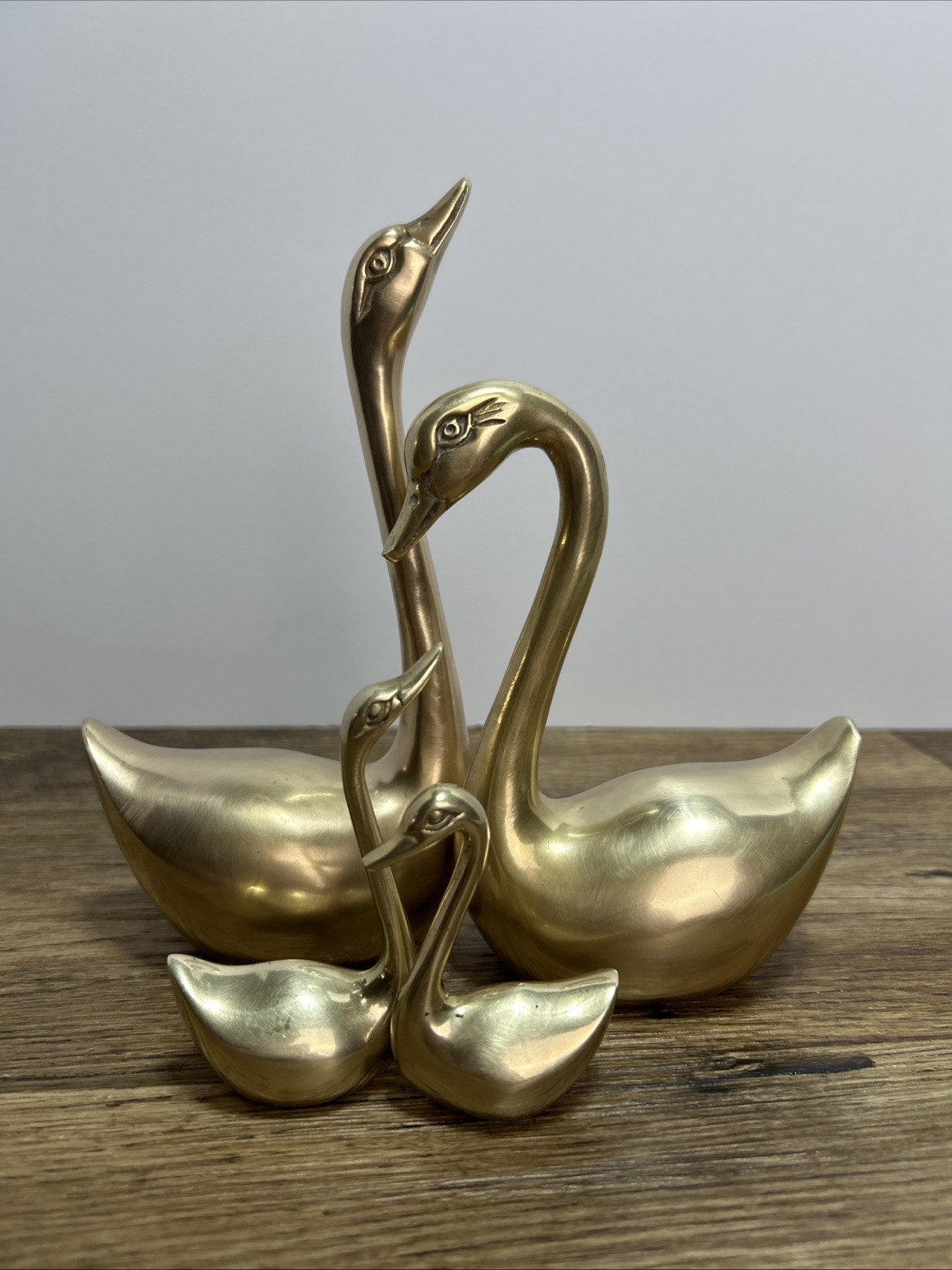 Vintage Large Solid Brass Swan 2 Pair Figurines Korea 2 Large 6-8” 2 Small 2-4”