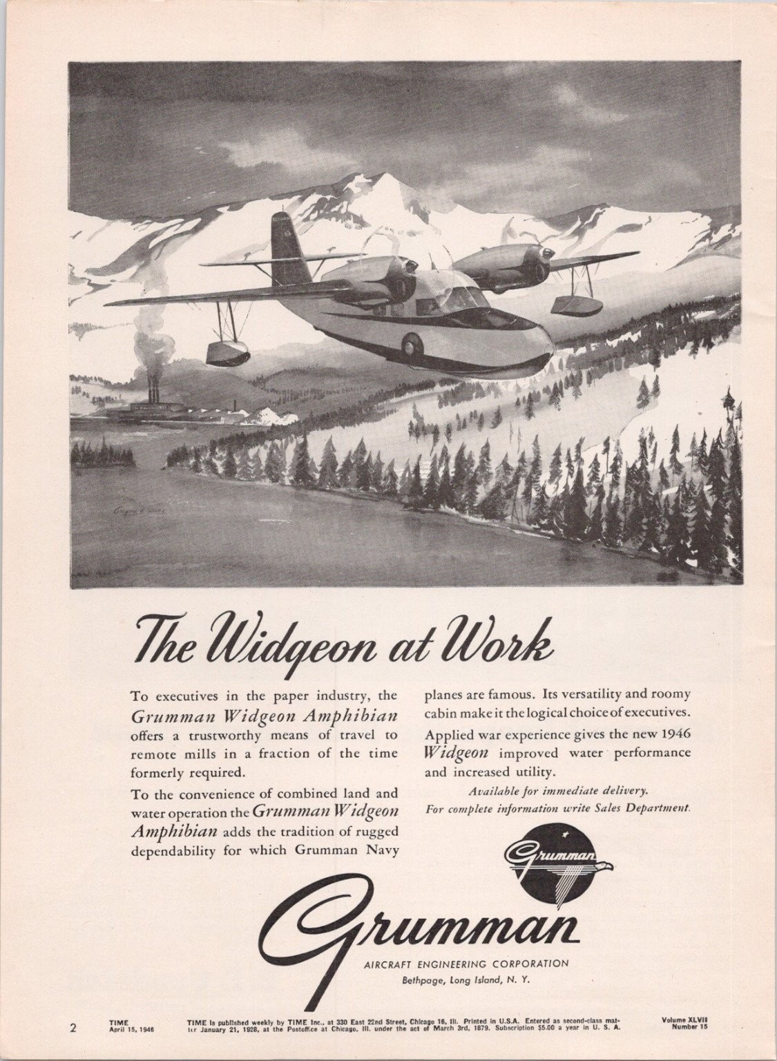 Grumman 1946 Widgeon Amphibian Aircraft Print Ad Vintage Aviation